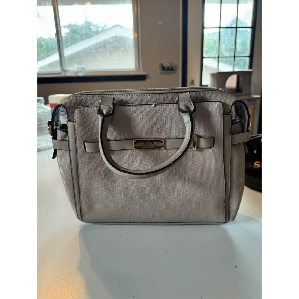Jones New York Signature Gray Embossed JNY Logo Satchel Handbag Gold Hardware